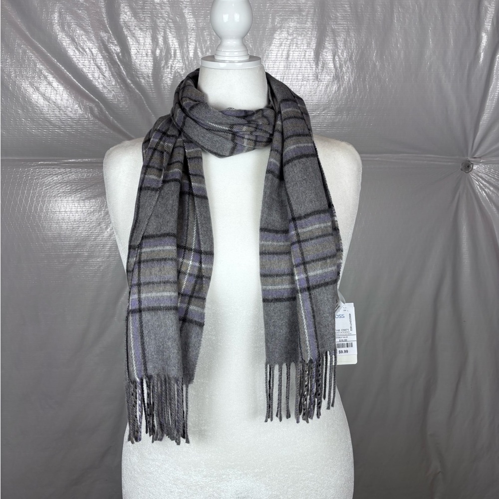 Gray Plaid Fringe Scarf • Made in Italy • Soft Acrylic • Classic Check